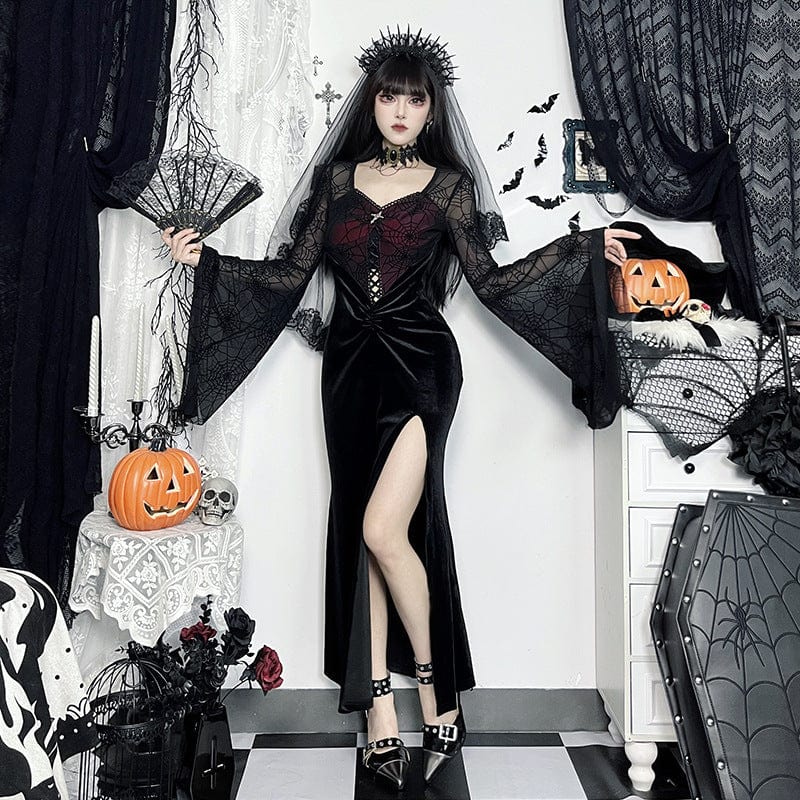Women's Gothic Flared Sleeved Velvet Splice Witch Dress - Image 4