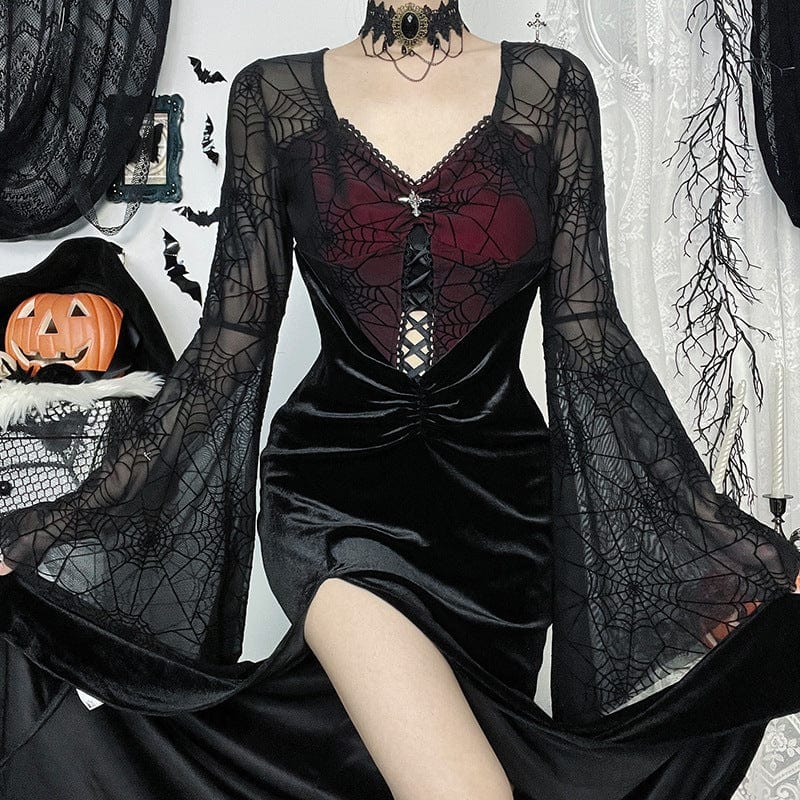 Women's Gothic Flared Sleeved Velvet Splice Witch Dress - Image 5