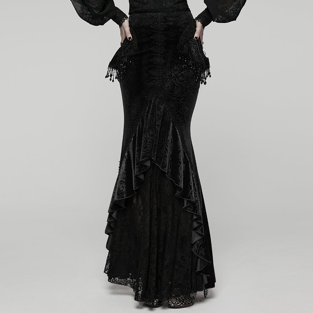 Women's Gothic Floral Beaded Irregular Hem Fishtail Skirt Black