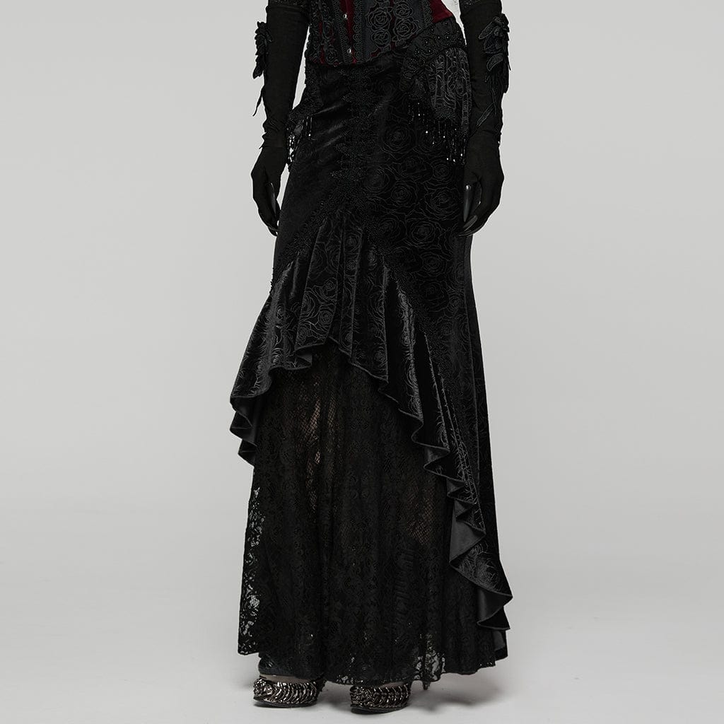 Women's Gothic Floral Beaded Irregular Hem Fishtail Skirt Black - Image 2