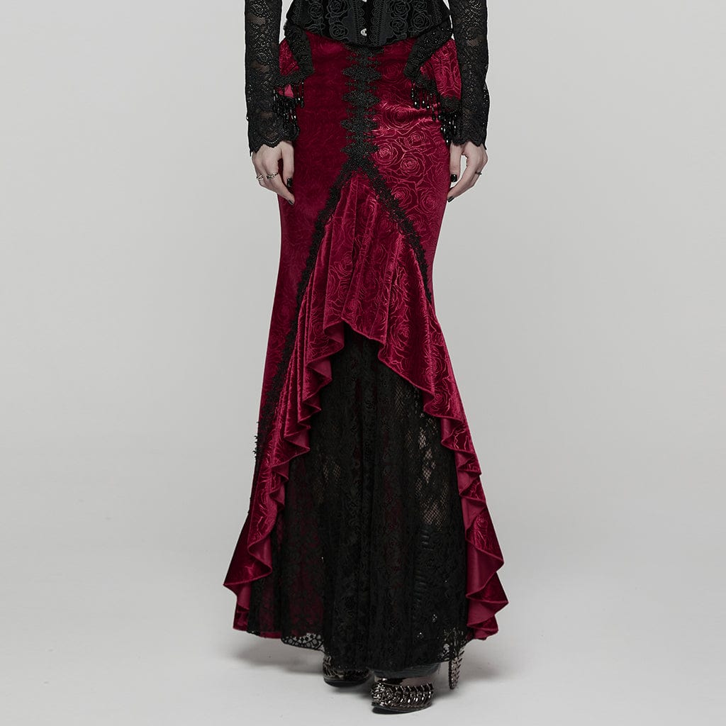 Women's Gothic Floral Beaded Irregular Hem Fishtail Skirt Red