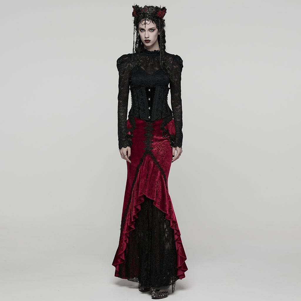 Women's Gothic Floral Beaded Irregular Hem Fishtail Skirt Red - Image 4