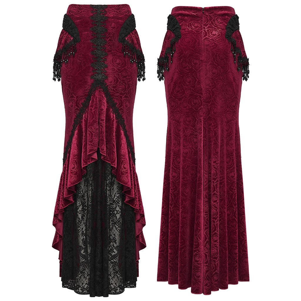 Women's Gothic Floral Beaded Irregular Hem Fishtail Skirt Red - Image 5