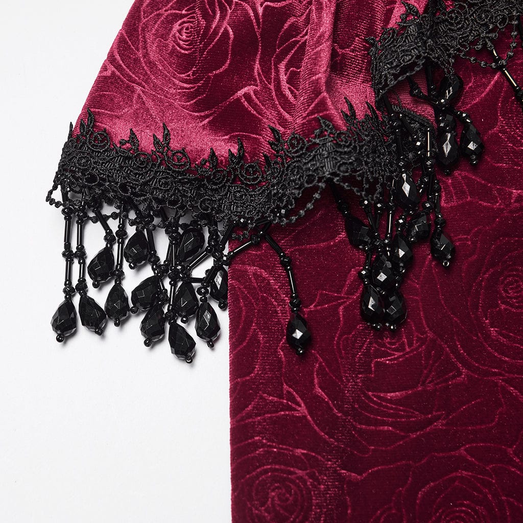 Women's Gothic Floral Beaded Irregular Hem Fishtail Skirt Red - Image 7