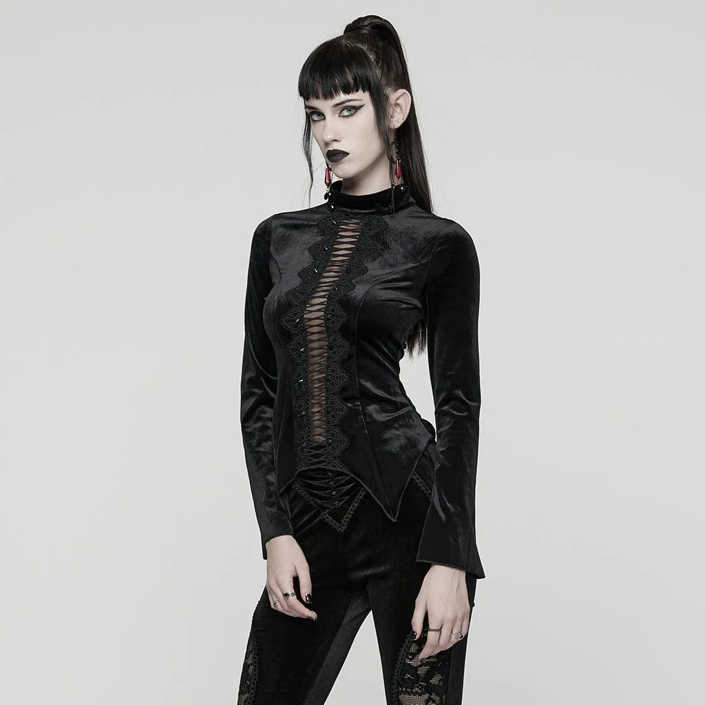 Women's Gothic Floral Crochet Cutout Velvet Long Sleeved Top - Image 2