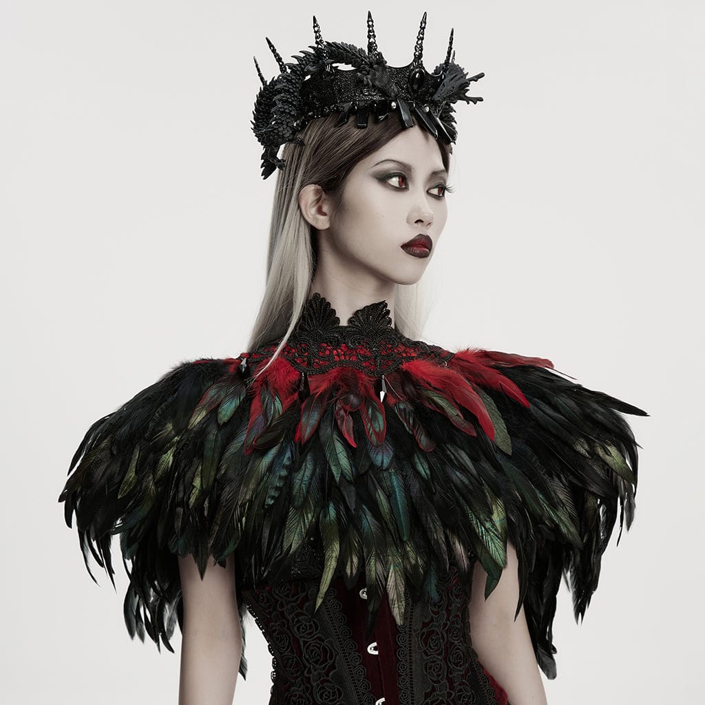 Women's Gothic Floral Crochet Feather Cape Black-Red - Image 2