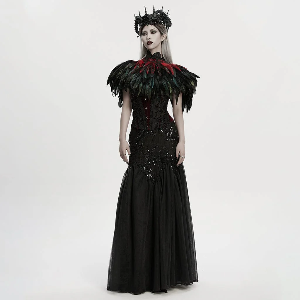 Women's Gothic Floral Crochet Feather Cape Black-Red - Image 4