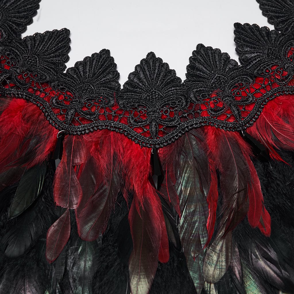 Women's Gothic Floral Crochet Feather Cape Black-Red - Image 6