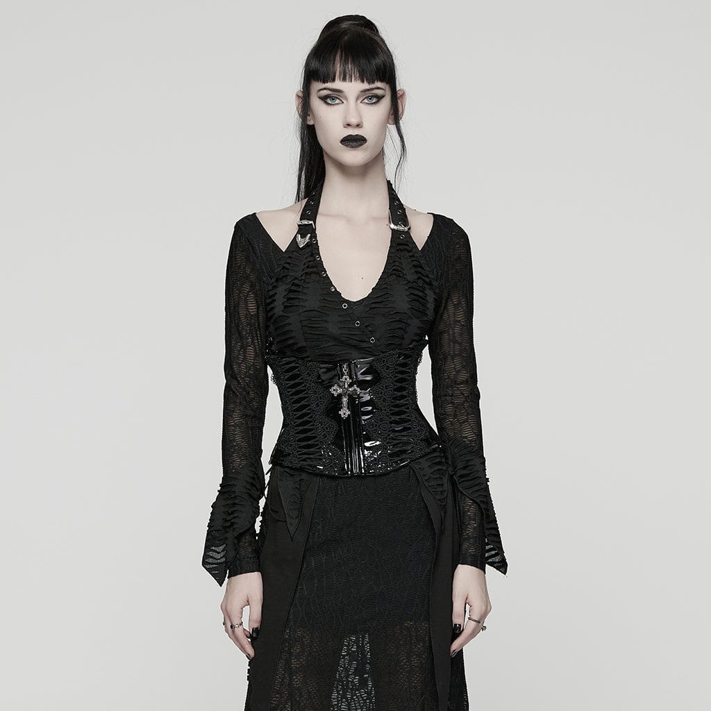 Women's Gothic Floral Crochet Lace-up Faux Leather Girdle