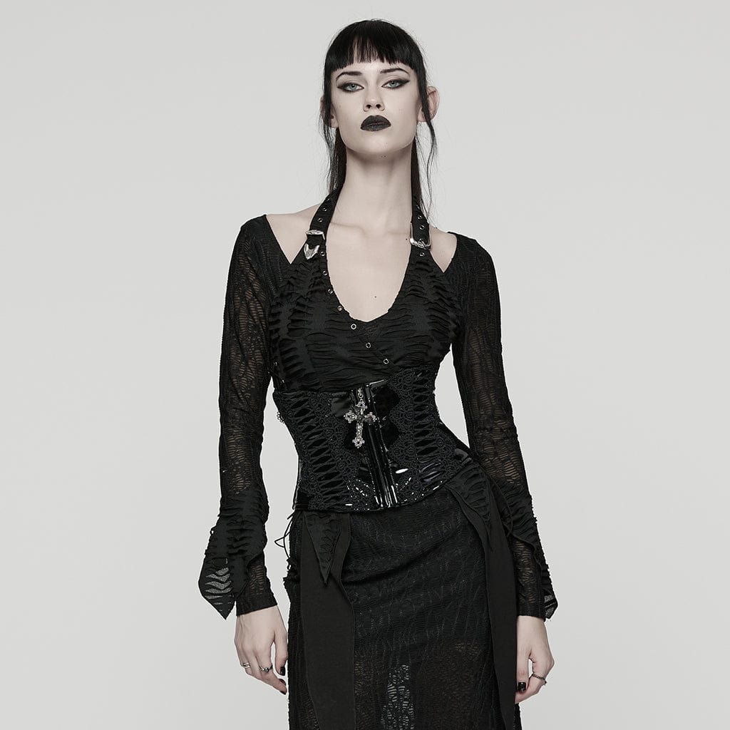Women's Gothic Floral Crochet Lace-up Faux Leather Girdle - Image 3