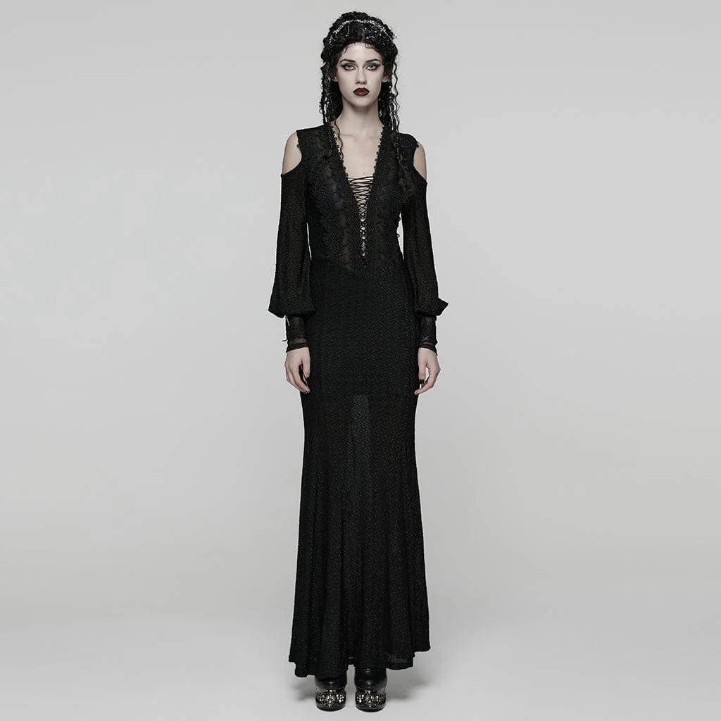 Women's Gothic Floral Crochet Plunging Off-shoulder Lantern Sleeved Dress Wedding Dress