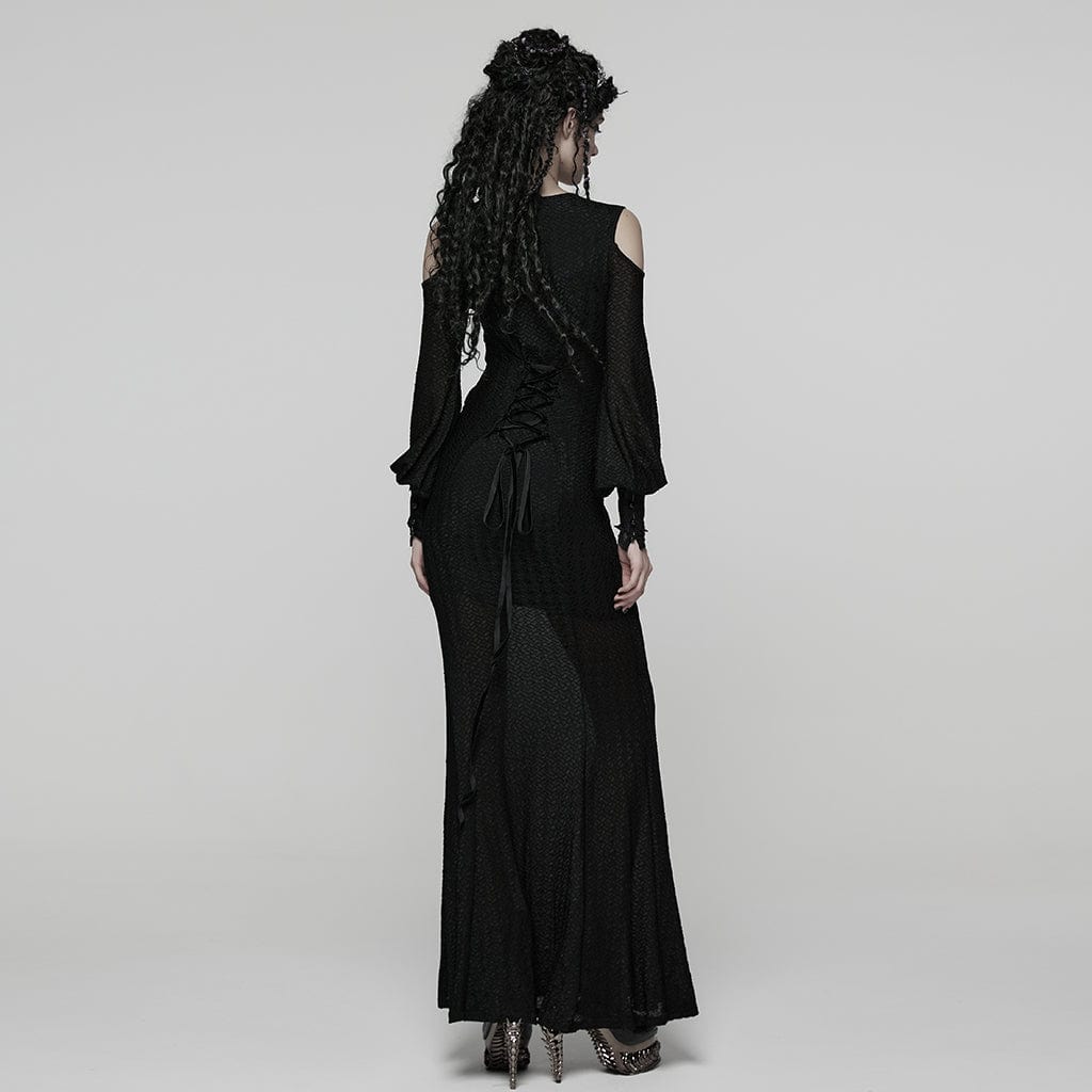 Women's Gothic Floral Crochet Plunging Off-shoulder Lantern Sleeved Dress Wedding Dress - Image 3