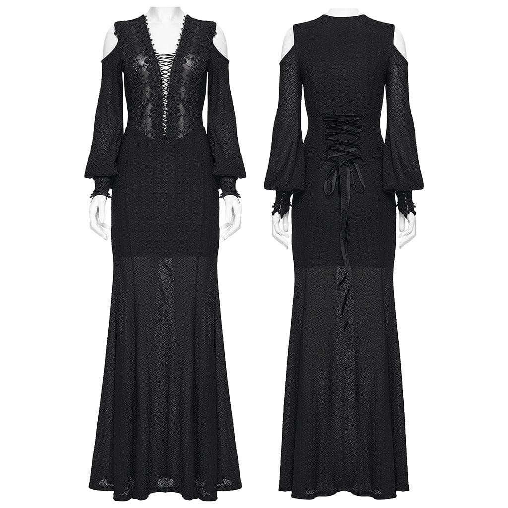 Women's Gothic Floral Crochet Plunging Off-shoulder Lantern Sleeved Dress Wedding Dress - Image 4