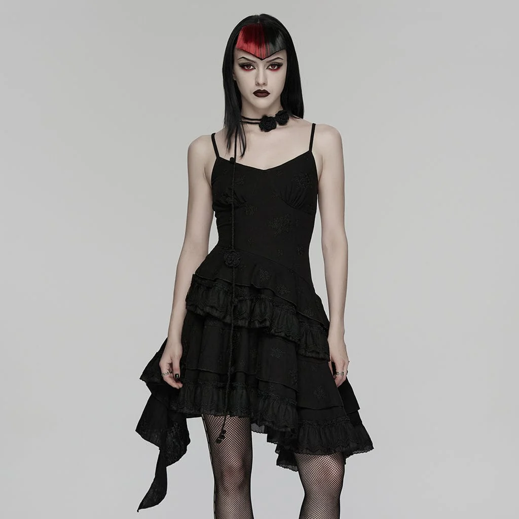 Women's Gothic Floral Embroidered Asymmetric Slip Dress Graduation Dress