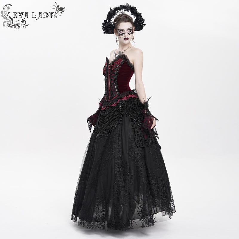 Women's Gothic Floral Embroidered Beaded Long Skirt Black - Image 5