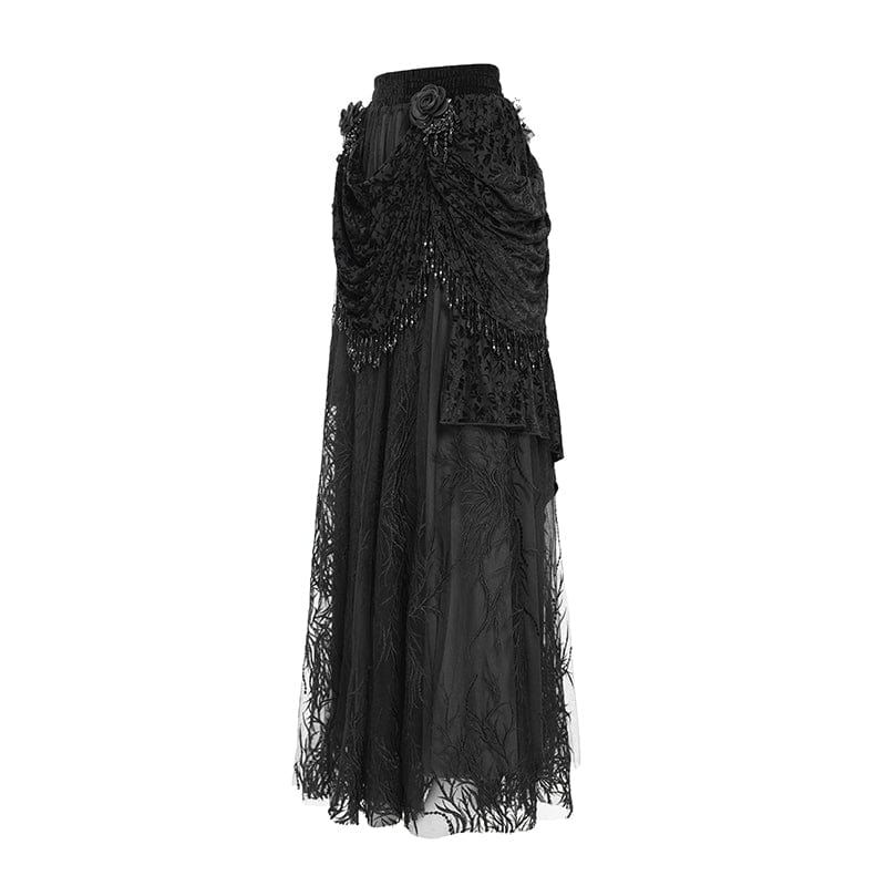 Women's Gothic Floral Embroidered Beaded Long Skirt Black - Image 8