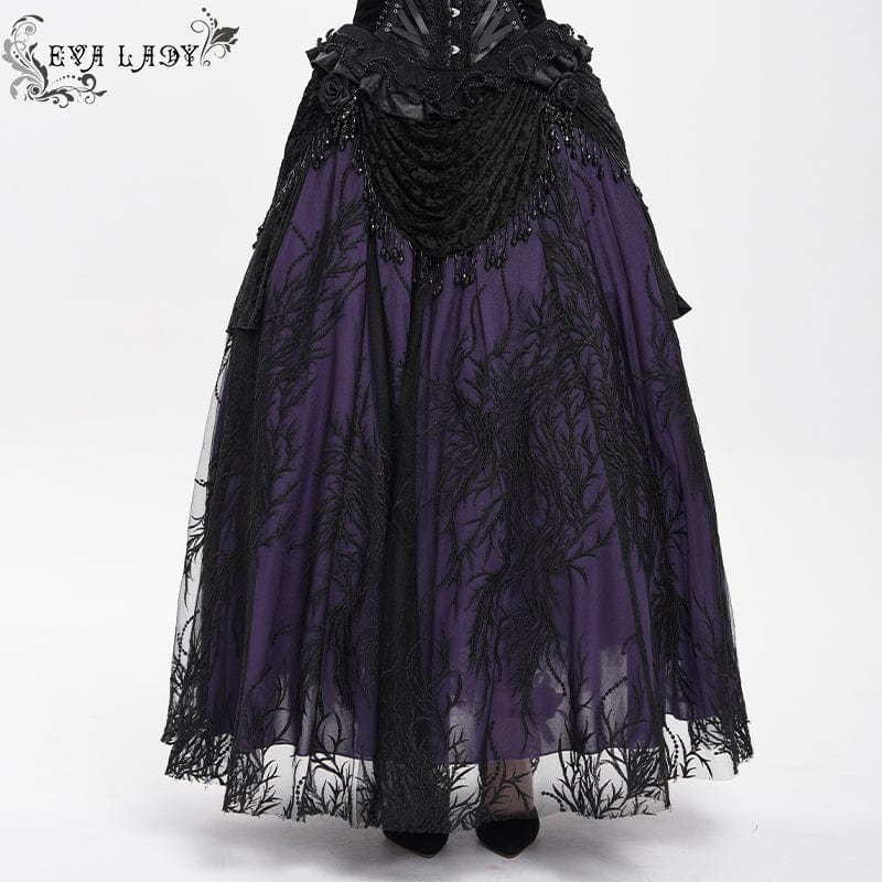 Women's Gothic Floral Embroidered Beaded Long Skirt Purple