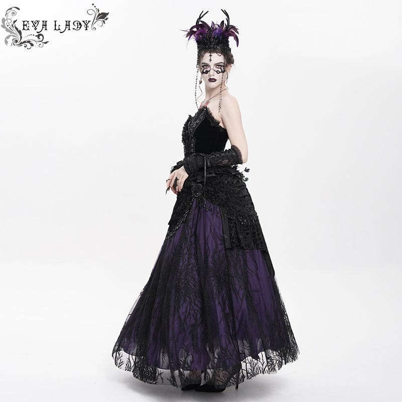 Women's Gothic Floral Embroidered Beaded Long Skirt Purple - Image 6