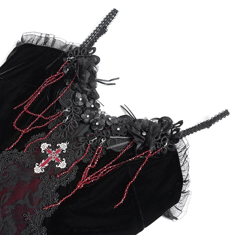 Women's Gothic Floral Embroidered Cross Ruffle Long Slip Dress Wedding Dress Red - Image 11