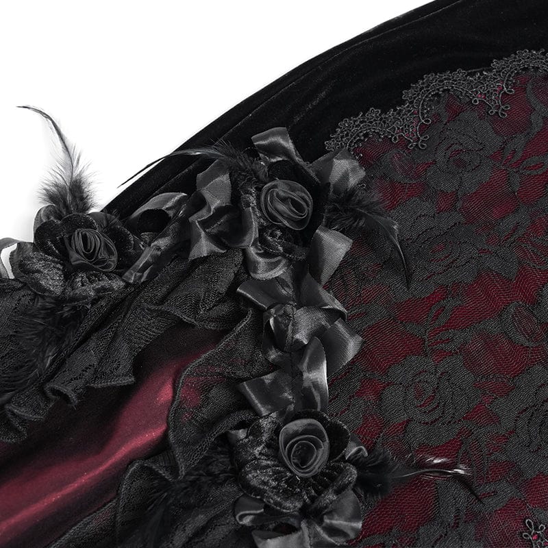 Women's Gothic Floral Embroidered Cross Ruffle Long Slip Dress Wedding Dress Red - Image 12