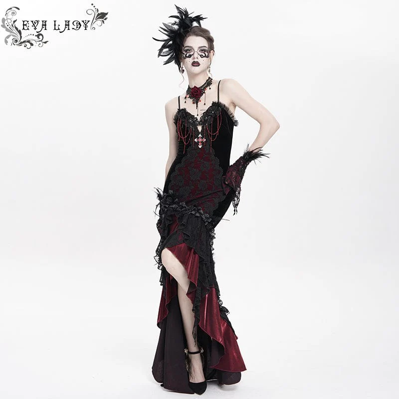 Women's Gothic Floral Embroidered Cross Ruffle Long Slip Dress Wedding Dress Red - Image 6