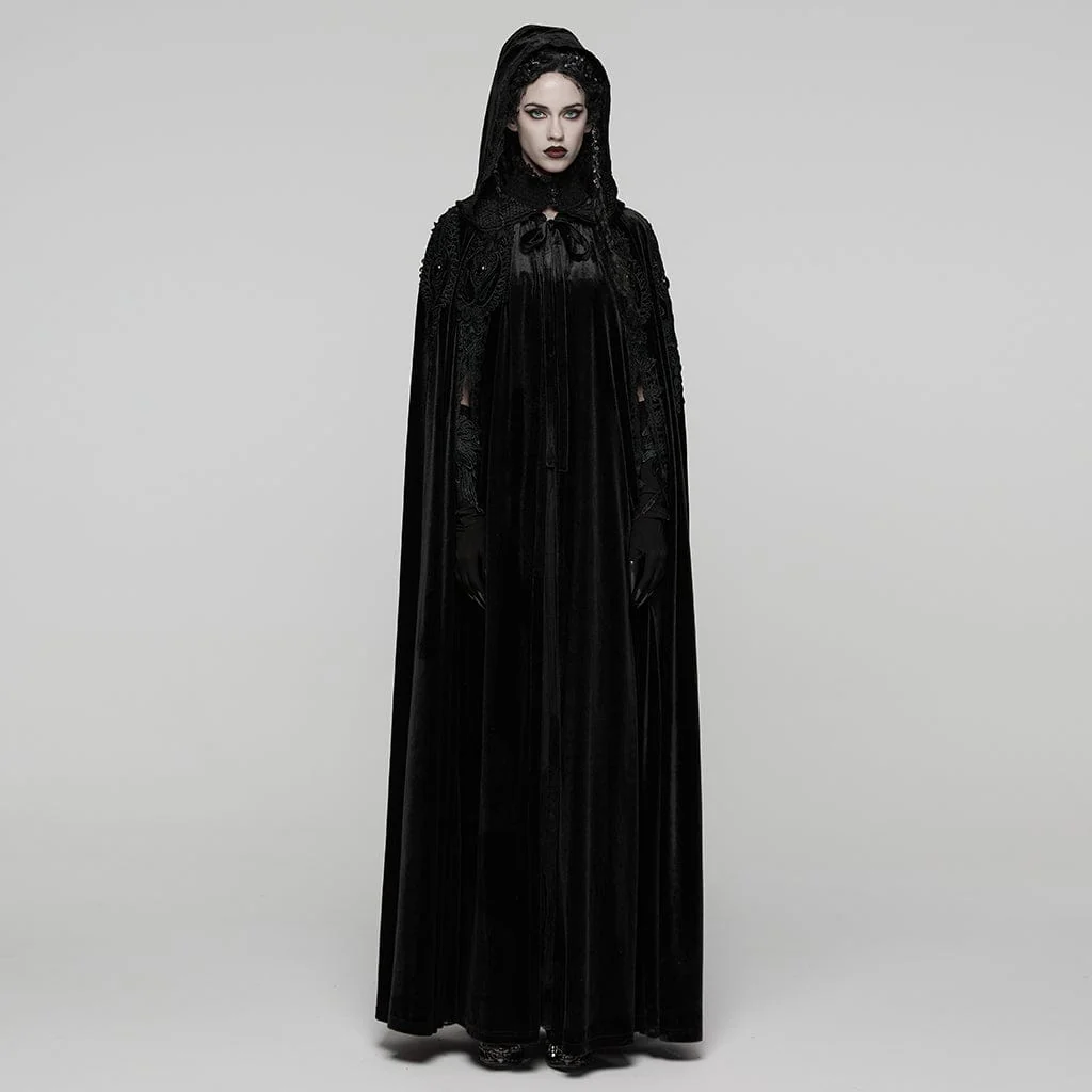 Women's Gothic Floral Embroidered Diamante Velvet Cloak Black