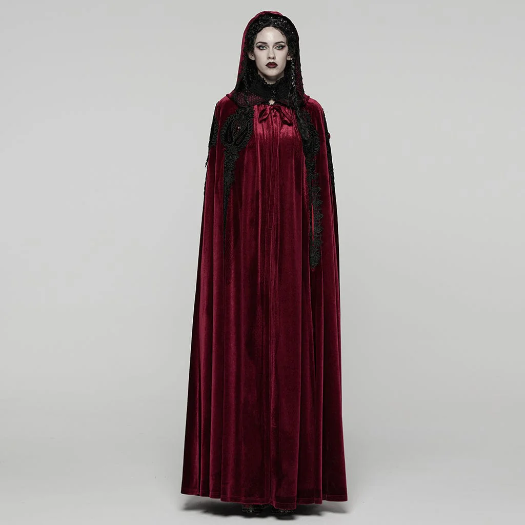 Women's Gothic Floral Embroidered Diamante Velvet Cloak Red