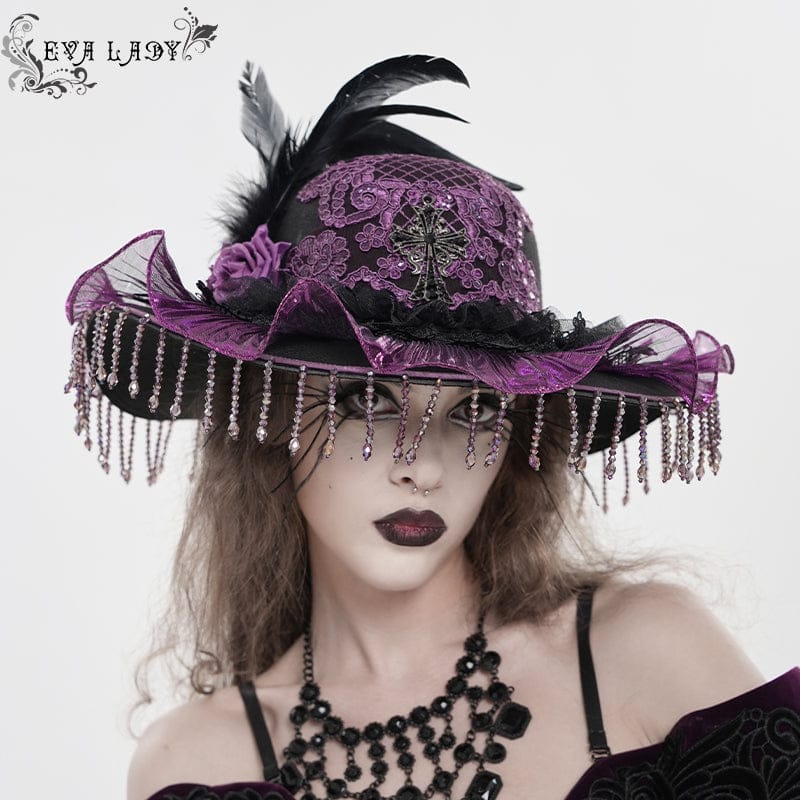 Women's Gothic Floral Embroidered Feather Tassels Hat - Image 4