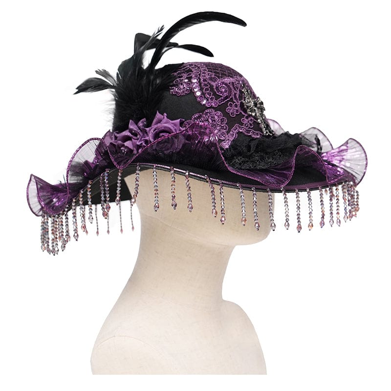 Women's Gothic Floral Embroidered Feather Tassels Hat - Image 9