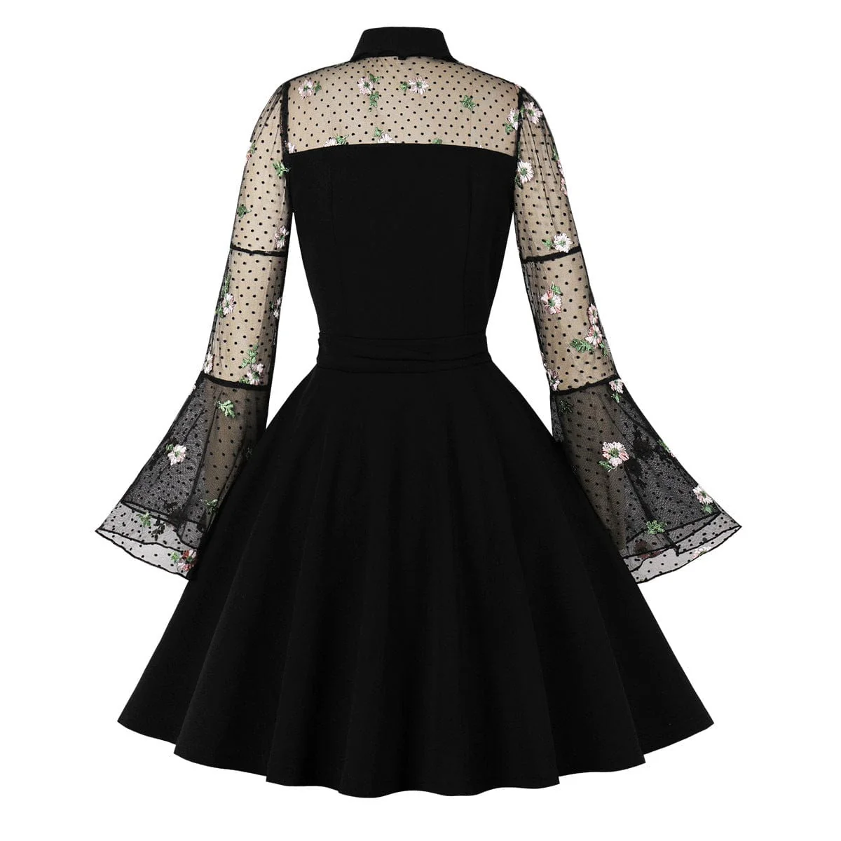 Women's Gothic Floral Embroidered Flared Sleeved Formal Dress - Image 2