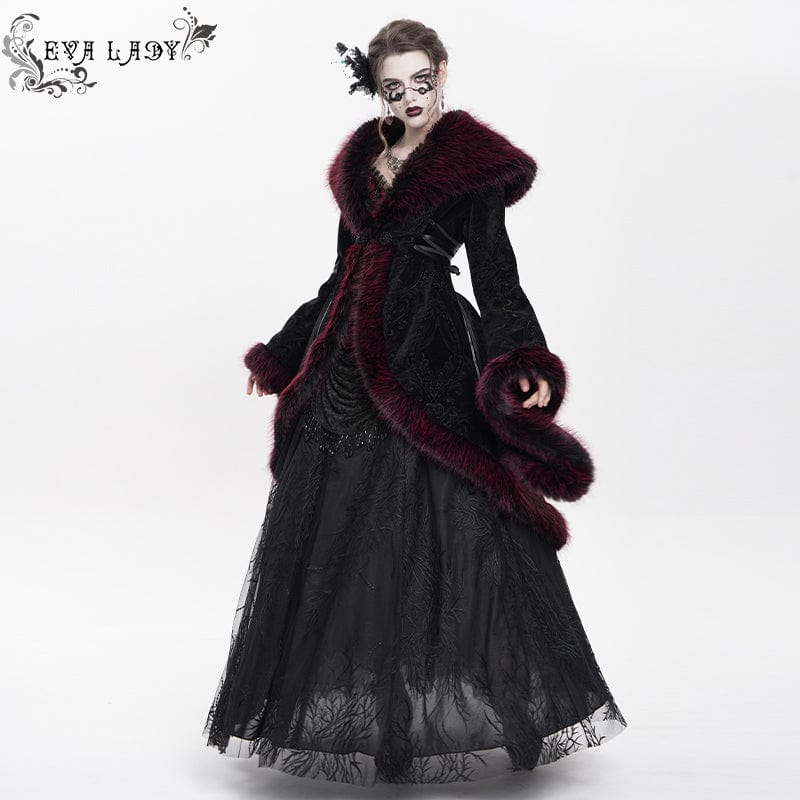 Women's Gothic Floral Embroidered Fluffy Coat Red - Image 4