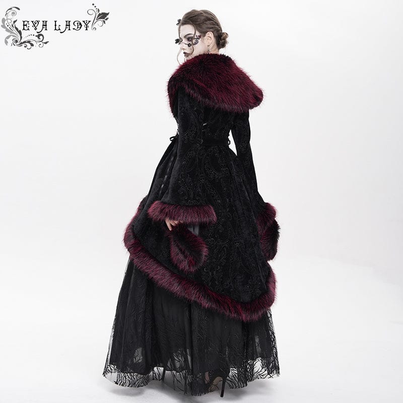 Women's Gothic Floral Embroidered Fluffy Coat Red - Image 5