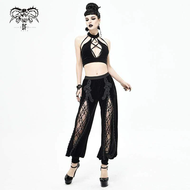 Women's Gothic Floral Embroidered Furcal Black Pants - Image 5