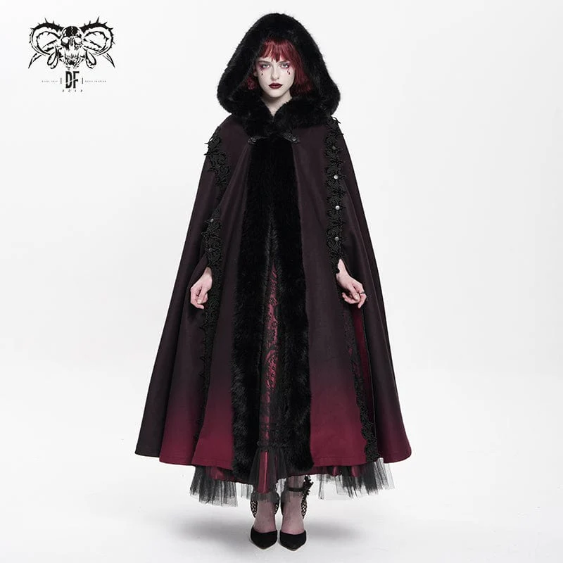 Women's Gothic Floral Embroidered Gradient Hooded Cloak