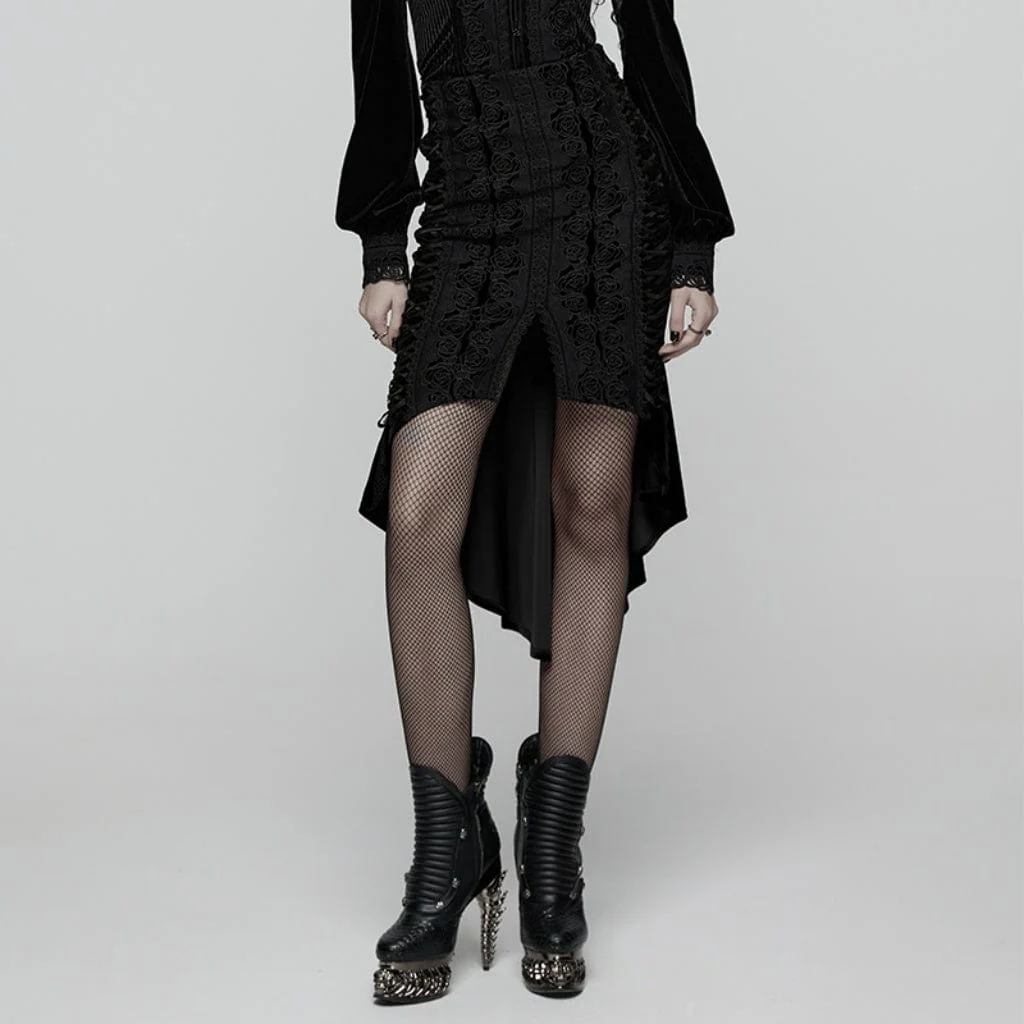 Women's Gothic Floral Embroidered Irregular Fishtail Skirt Black