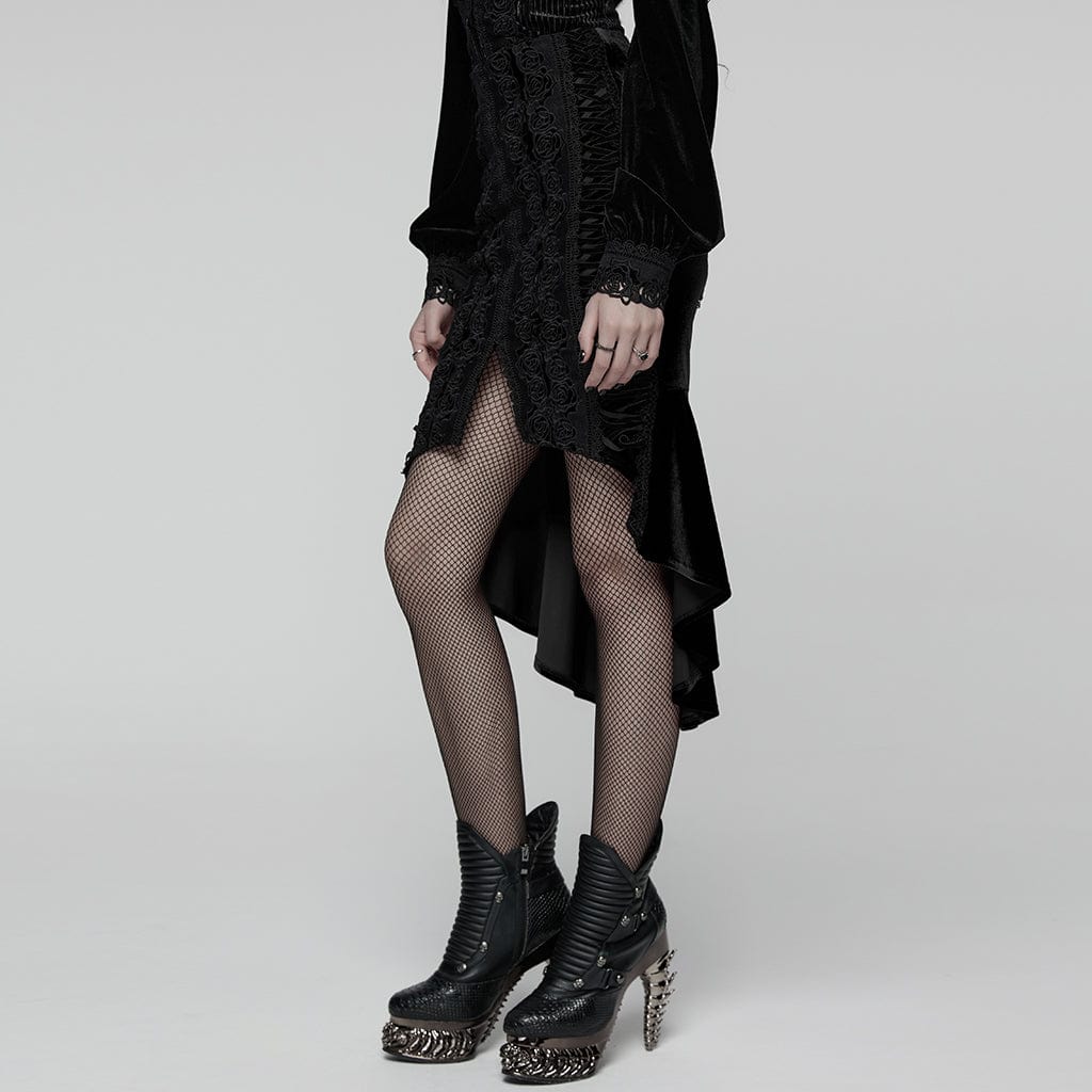 Women's Gothic Floral Embroidered Irregular Fishtail Skirt Black - Image 2