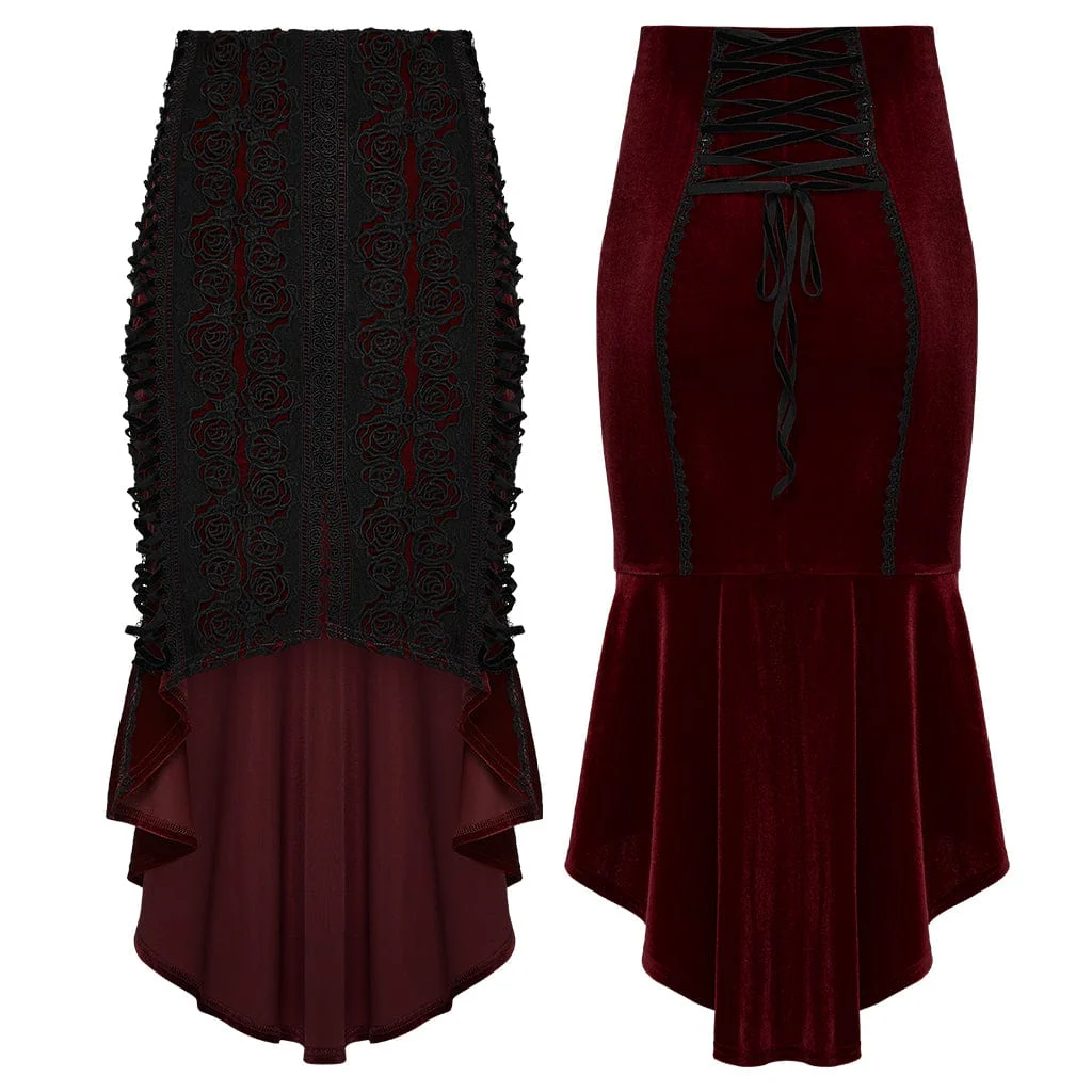 Women's Gothic Floral Embroidered Irregular Fishtail Skirt Red - Image 5
