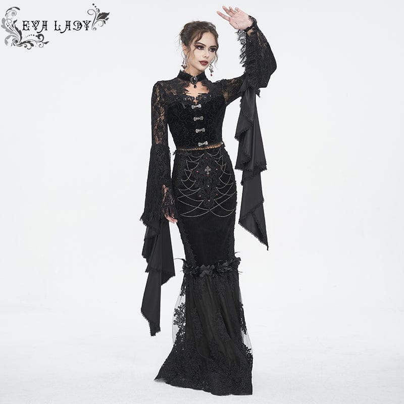 Women's Gothic Floral Embroidered Lace Splice Black Fishtail Skirt - Image 6