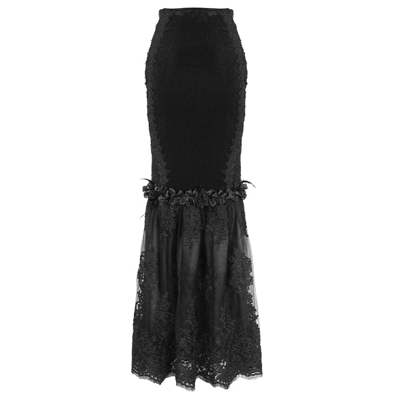 Women's Gothic Floral Embroidered Lace Splice Black Fishtail Skirt - Image 9