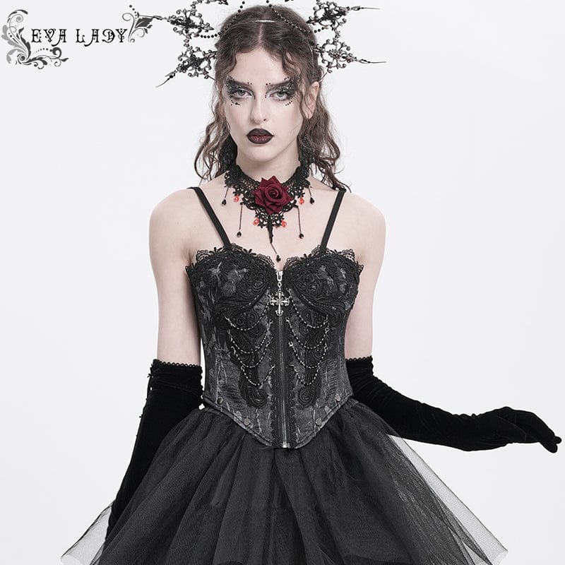Women's Gothic Floral Embroidered Lace Straps Tank Top Black