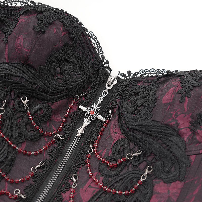 Women's Gothic Floral Embroidered Lace Straps Tank Top Red - Image 11