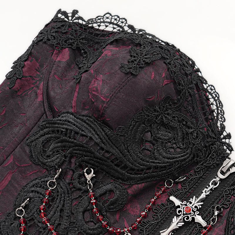 Women's Gothic Floral Embroidered Lace Straps Tank Top Red - Image 12