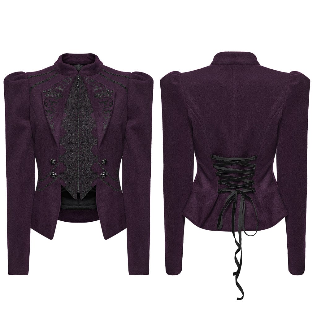 Women's Gothic Floral Embroidered Lace-up Jacket Violet - Image 5