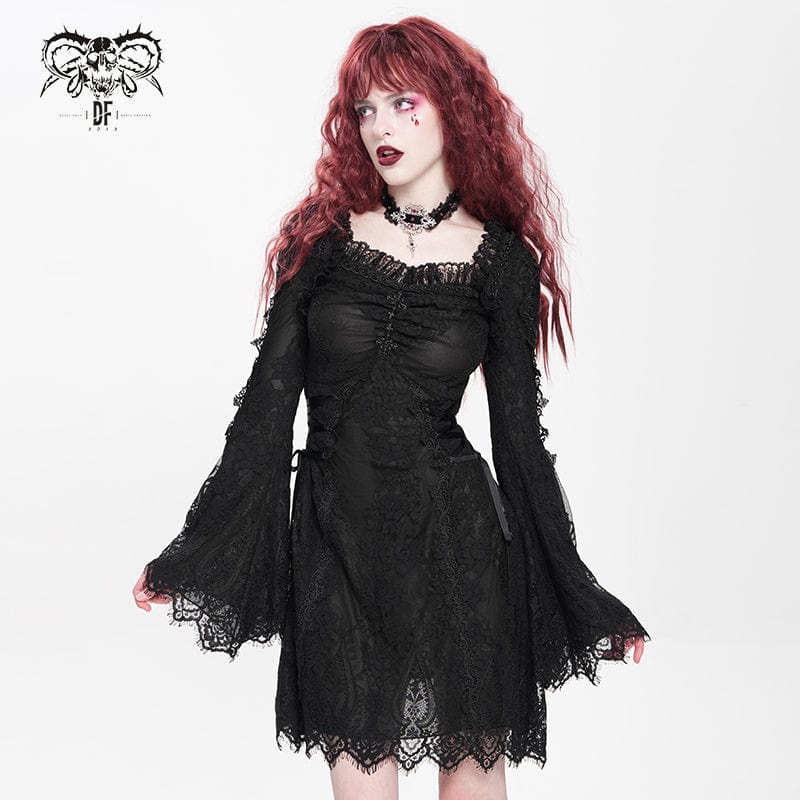 Women's Gothic Floral Embroidered Lace-up Square-cut Collar Lace Dress Graduation Dress Black