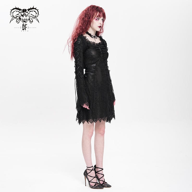 Women's Gothic Floral Embroidered Lace-up Square-cut Collar Lace Dress Graduation Dress Black - Image 3