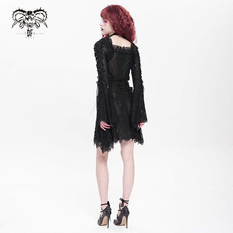 Women's Gothic Floral Embroidered Lace-up Square-cut Collar Lace Dress Graduation Dress Black - Image 4