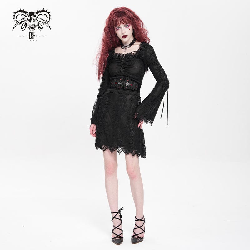 Women's Gothic Floral Embroidered Lace-up Square-cut Collar Lace Dress Graduation Dress Black - Image 5