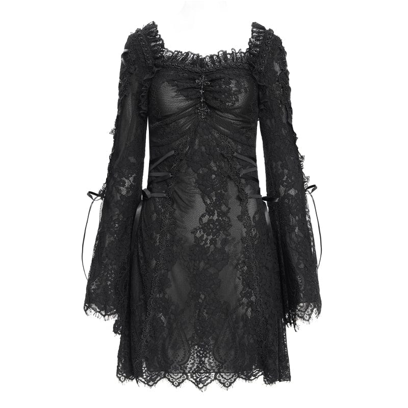 Women's Gothic Floral Embroidered Lace-up Square-cut Collar Lace Dress Graduation Dress Black - Image 6