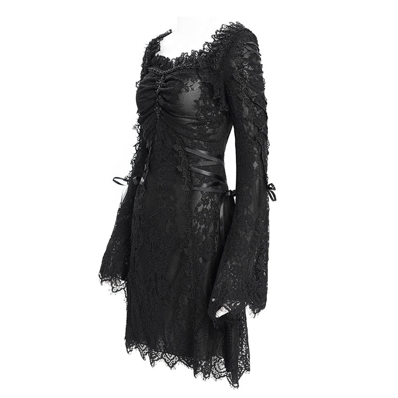 Women's Gothic Floral Embroidered Lace-up Square-cut Collar Lace Dress Graduation Dress Black - Image 7