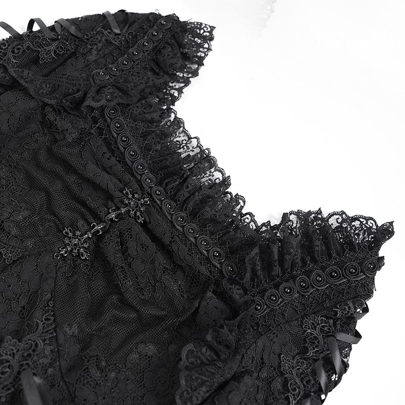 Women's Gothic Floral Embroidered Lace-up Square-cut Collar Lace Dress Graduation Dress Black - Image 9